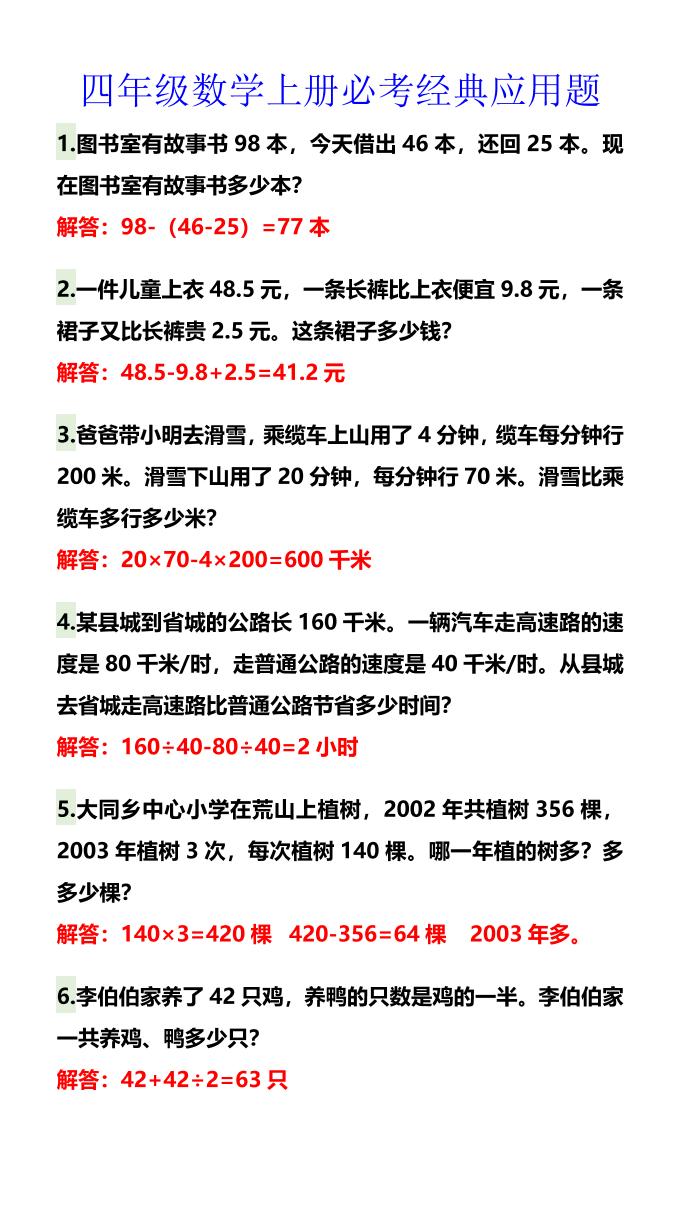 【2025秋新版】四年级数学上册必考经典应用题-自学网资源