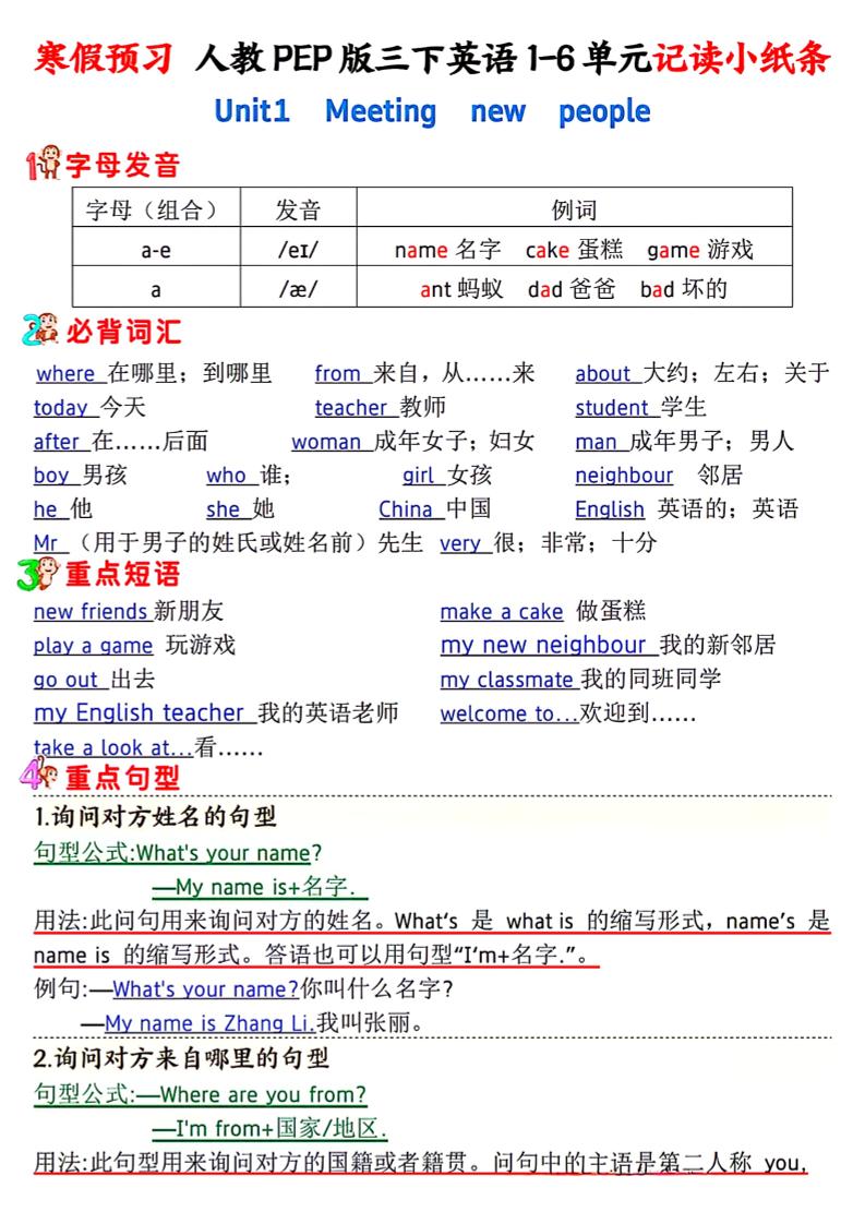 人教PEP版三下英语1-6单元记读小纸条-自学网资源