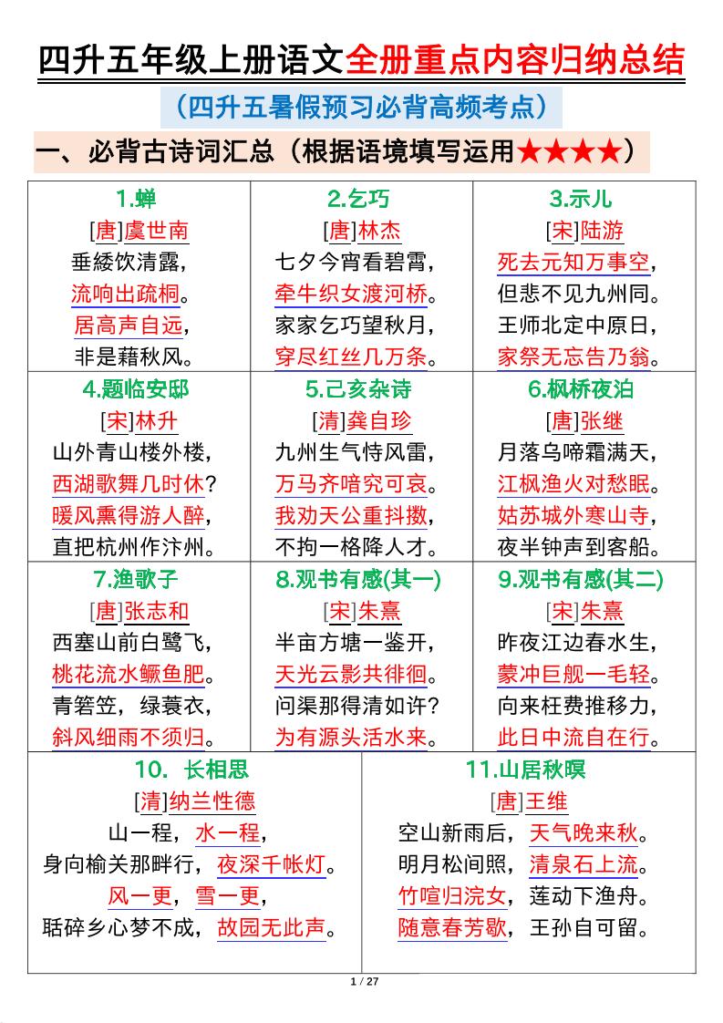 四升五年级上册语文全册重点内容归纳总结输出27页-五上语文-自学网资源
