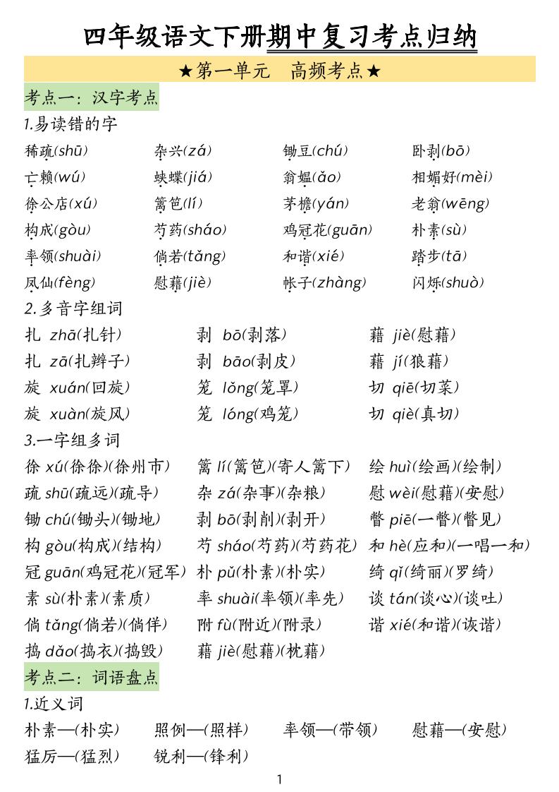四下语文期中常考知识点汇总-自学网资源