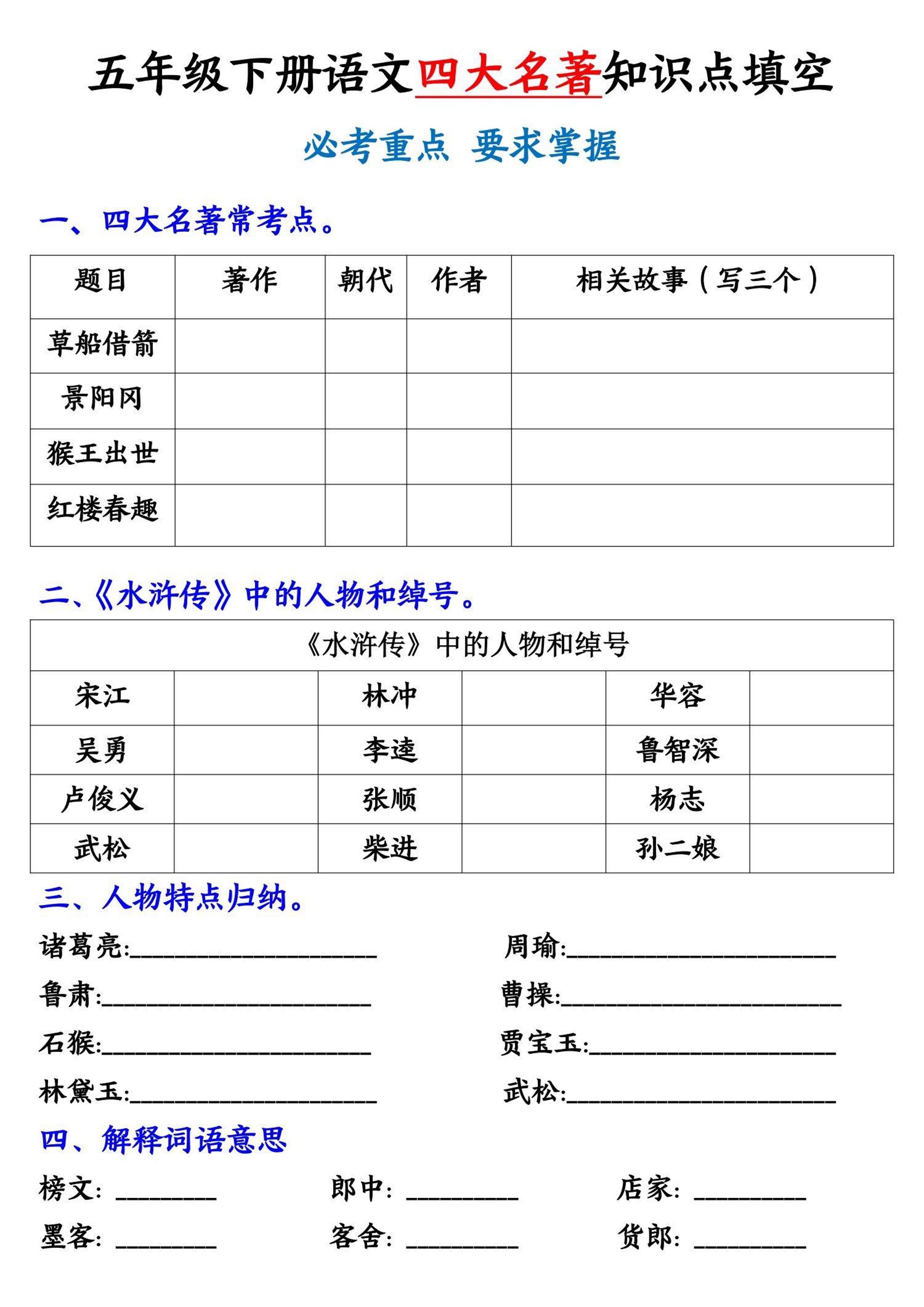 【《四大名著》知识点填空】五下语文-自学网资源
