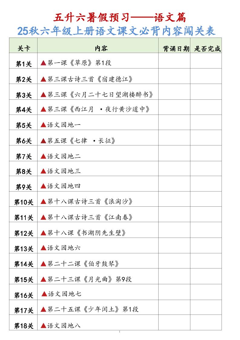 25秋六上语文课文必背内容背诵闯关表7页-自学网资源
