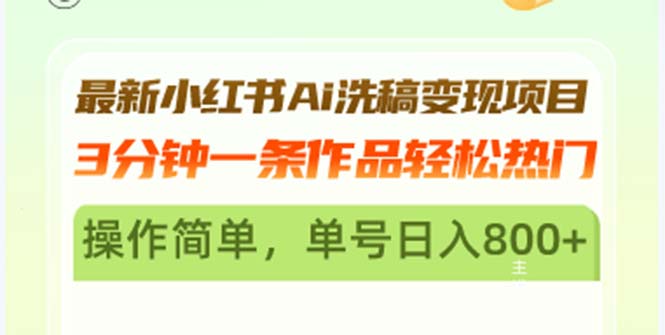 最新小红书Ai洗稿变现项目 3分钟一条作品轻松热门 操作简单，单号日入800+-AI网创