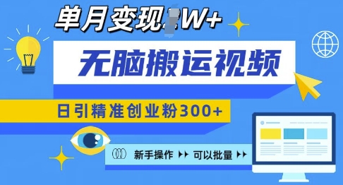 无脑搬运视频号可批量复制，新手即可操作，日引精准创业粉300+，月变现过W 【揭秘】-AI网创