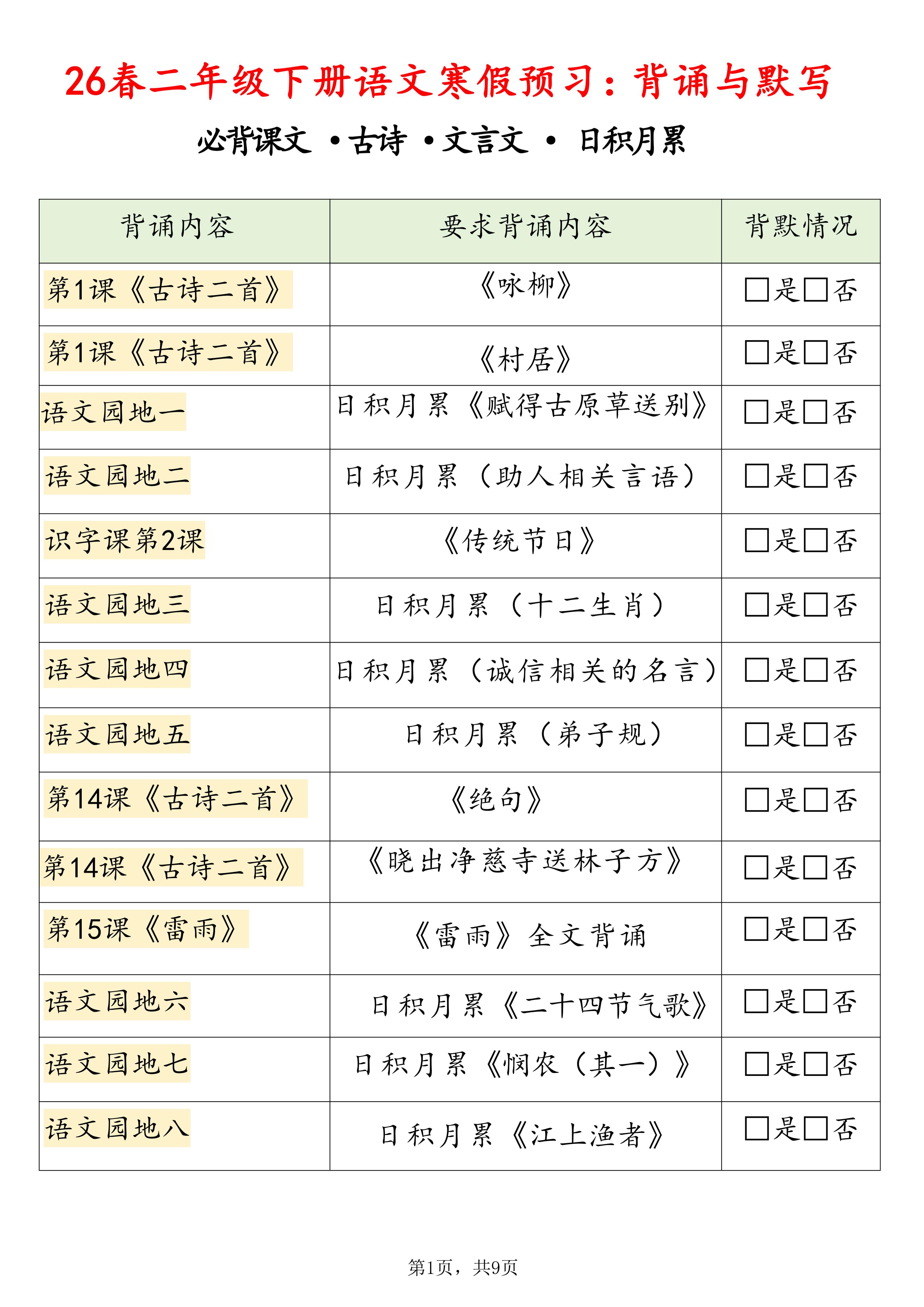 26春二下语文寒假预习背诵与默写（必背课文、古诗、文言文、日积月累）9页修订版-自学网资源
