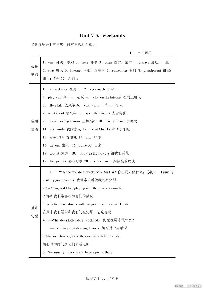 【单元热点难点】译林版（三起）英语五年级上册Unit7Atweekends教材划重点-自学网资源