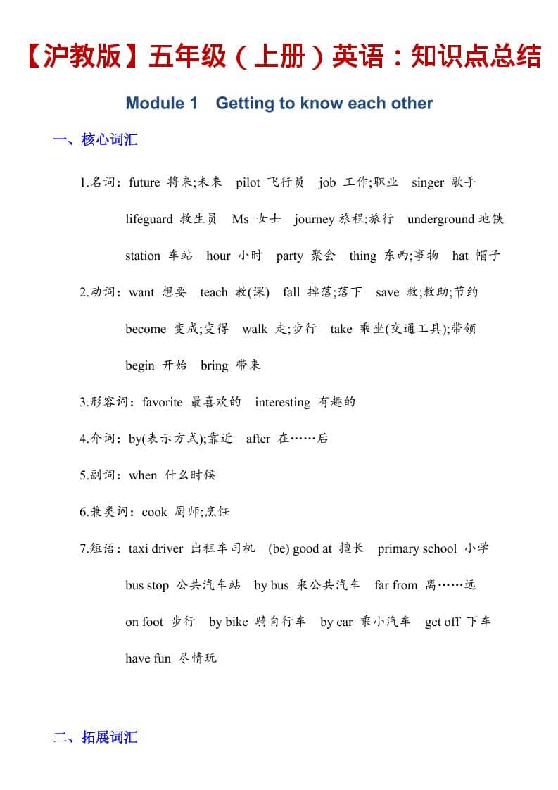 五年级上英语知识点总结《沪教版》-自学网资源