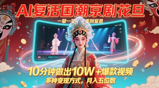 AI复活国潮京剧花旦，一颦一笑美到窒息，10分钟做出10W+爆款视频，多种变现方式，月入五位数-AI网创