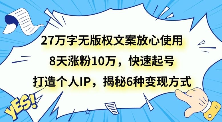 27万字无版权文案放心使用，8天涨粉10万，快速起号，打造个人IP，揭秘6种变现方式-AI网创
