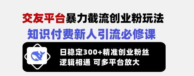 交友平台暴力截流创业粉玩法，知识付费新人引流必修课，日稳定300+精准创业粉丝，逻辑相通可多平台放大-AI网创