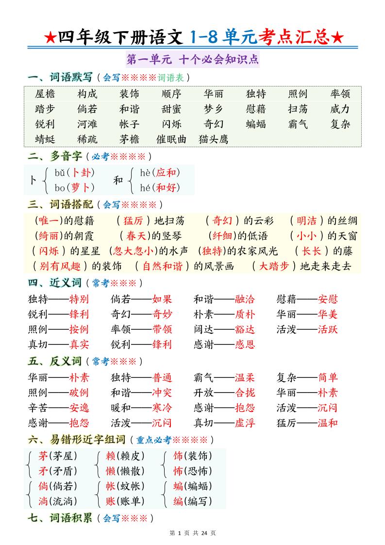 四下语文期末1-8单元十大考点必背-自学网资源