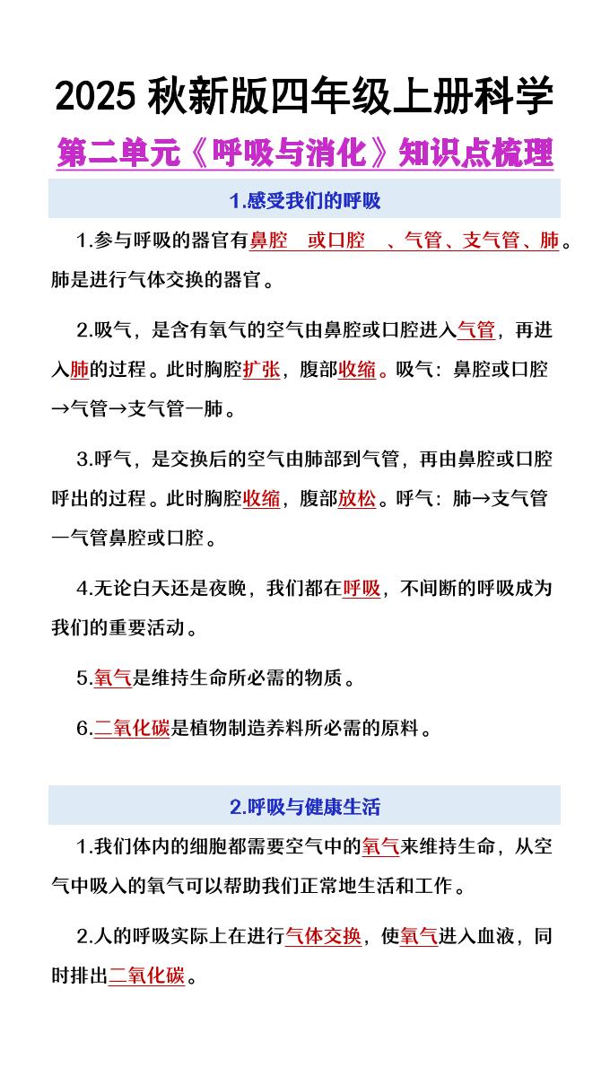 【2025秋新版】四年级上册语文第2单元《呼吸与消化》知识点梳理-自学网资源