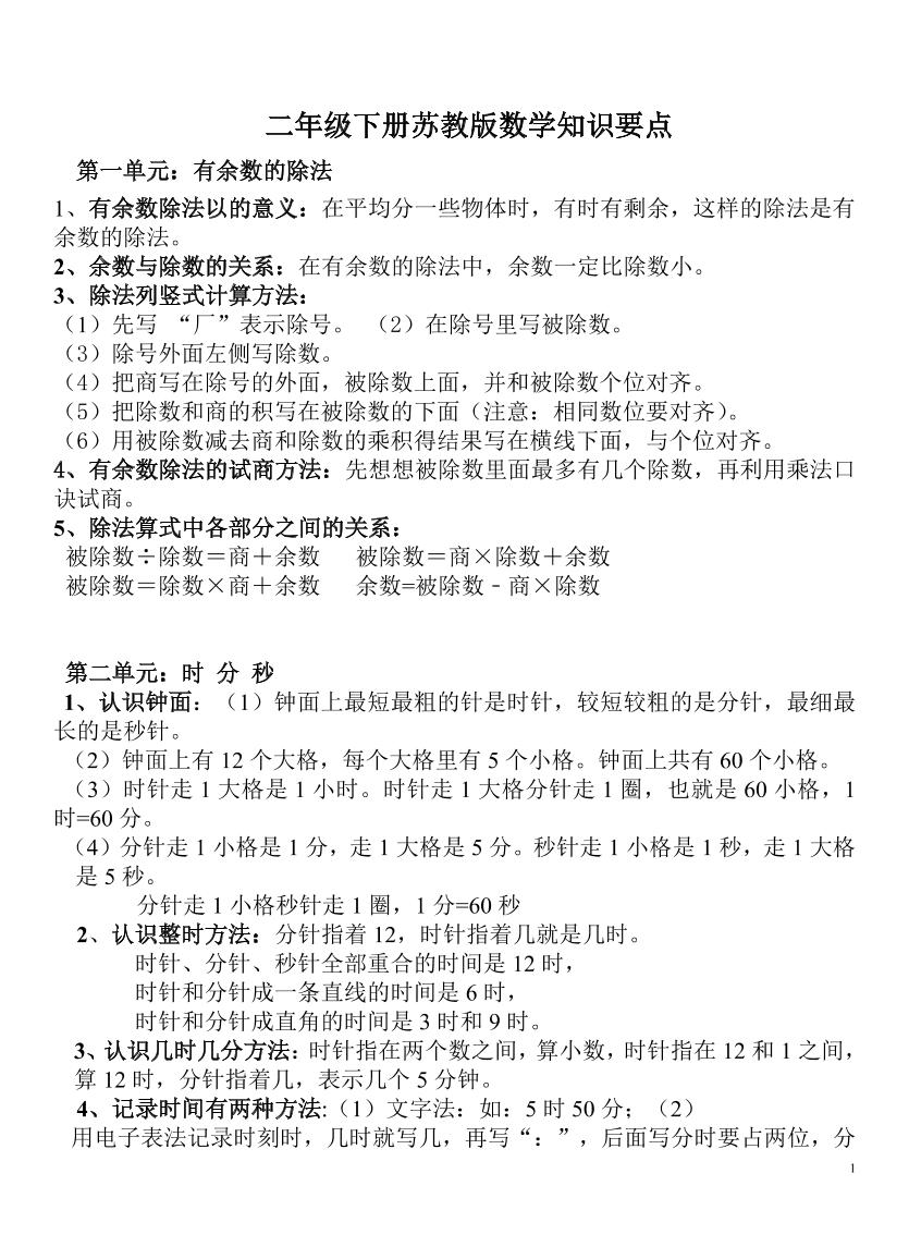 二下苏教版数学知识要点-自学网资源