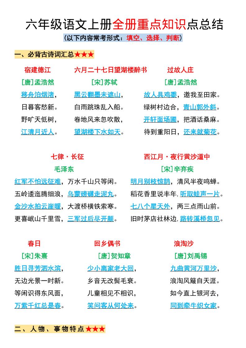 六年级上册语文全册重点知识点总结-自学网资源