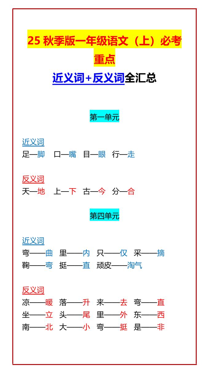 【2025秋新版】一年级语文上必考重点近义词+反义词全汇总-自学网资源