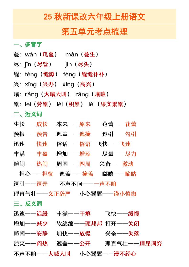 【2025秋新版】六年级上册语文第五单元重点考点梳理-自学网资源