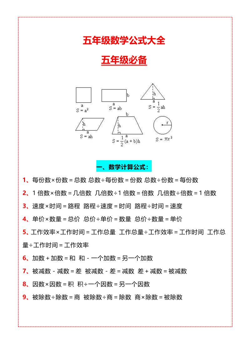 五年级上册数学必背知识汇总-自学网资源