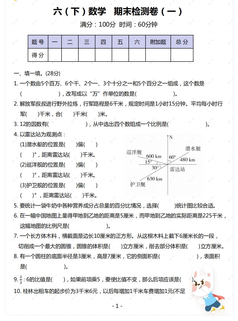 苏教版-六年级下册数学期末检测卷（一）-自学网资源