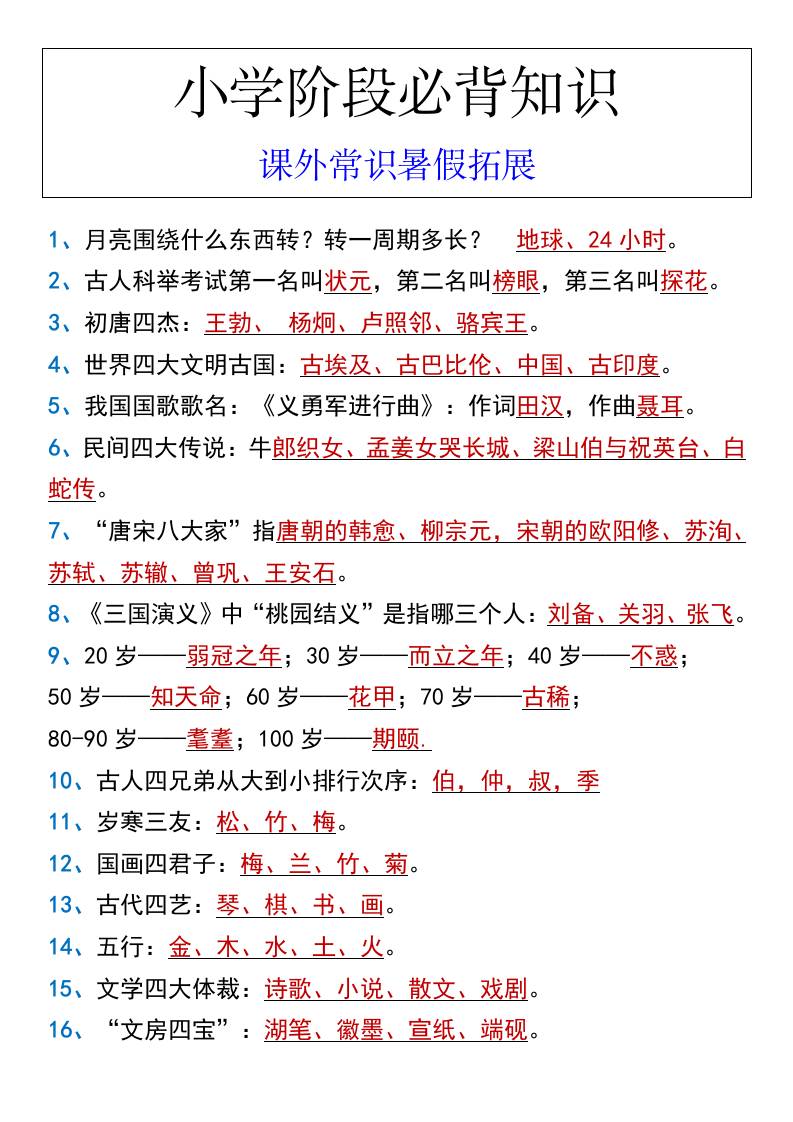 小学阶段必背知识课外常识暑假拓展-小升初语文-AI网创