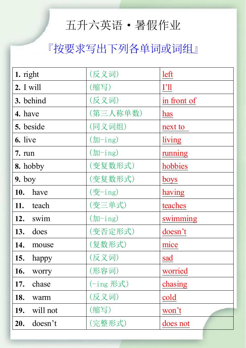 五升六英语暑假作业之按要求写出下列各单词或词组-六上英语-AI网创