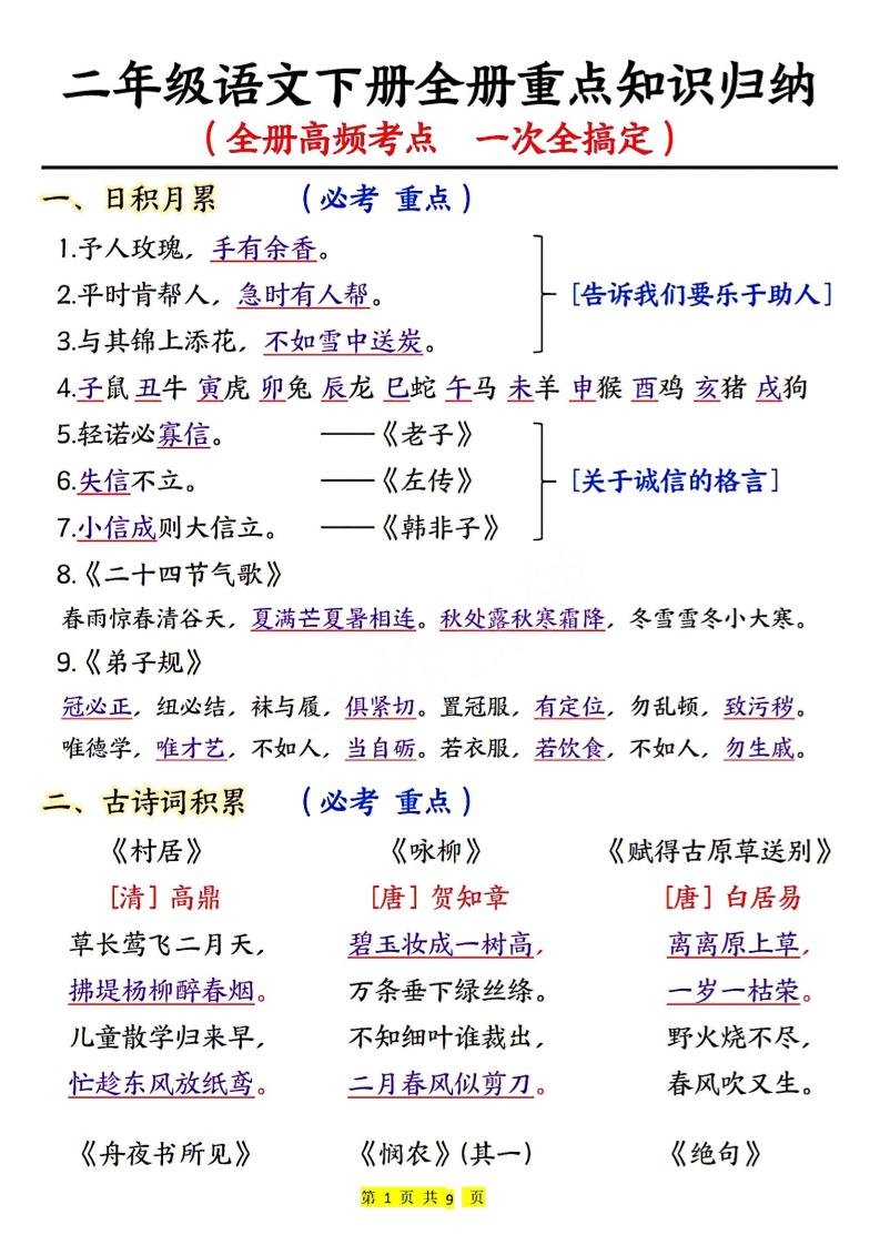 二下语文期末考试全册高频考点-自学网资源