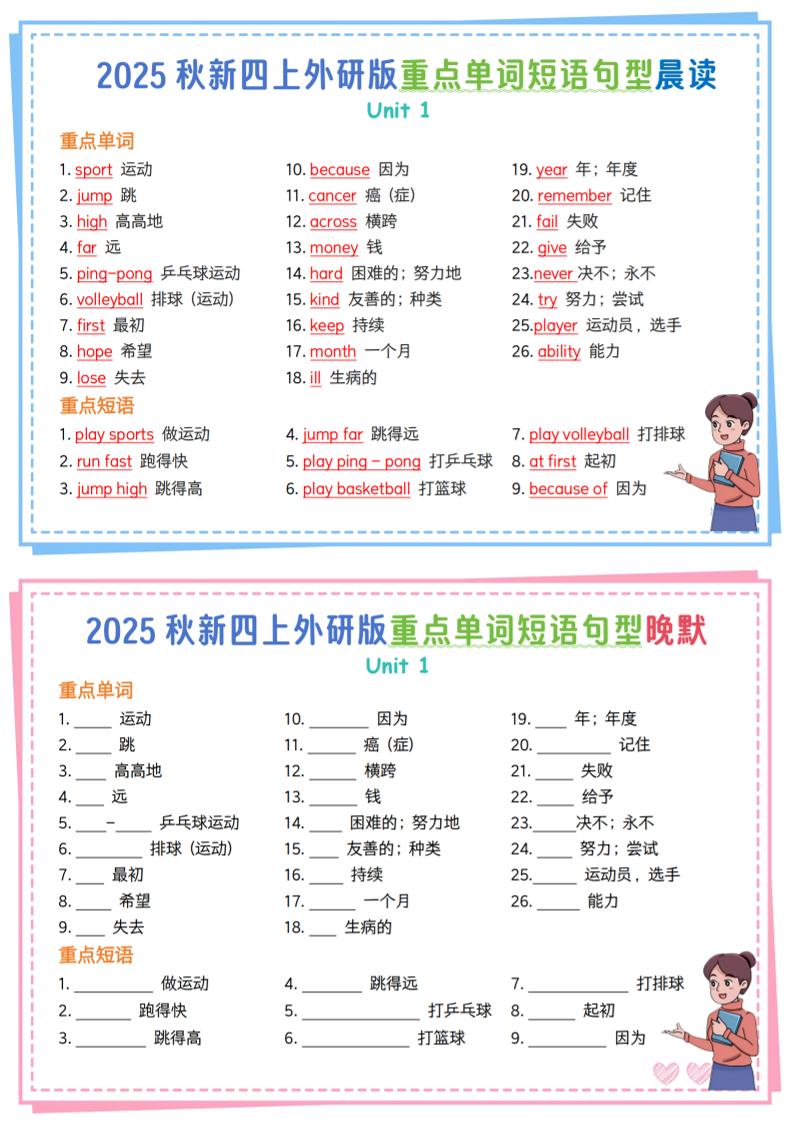 新四上外研英语重点单词短语句型晨读晚默13页-自学网资源
