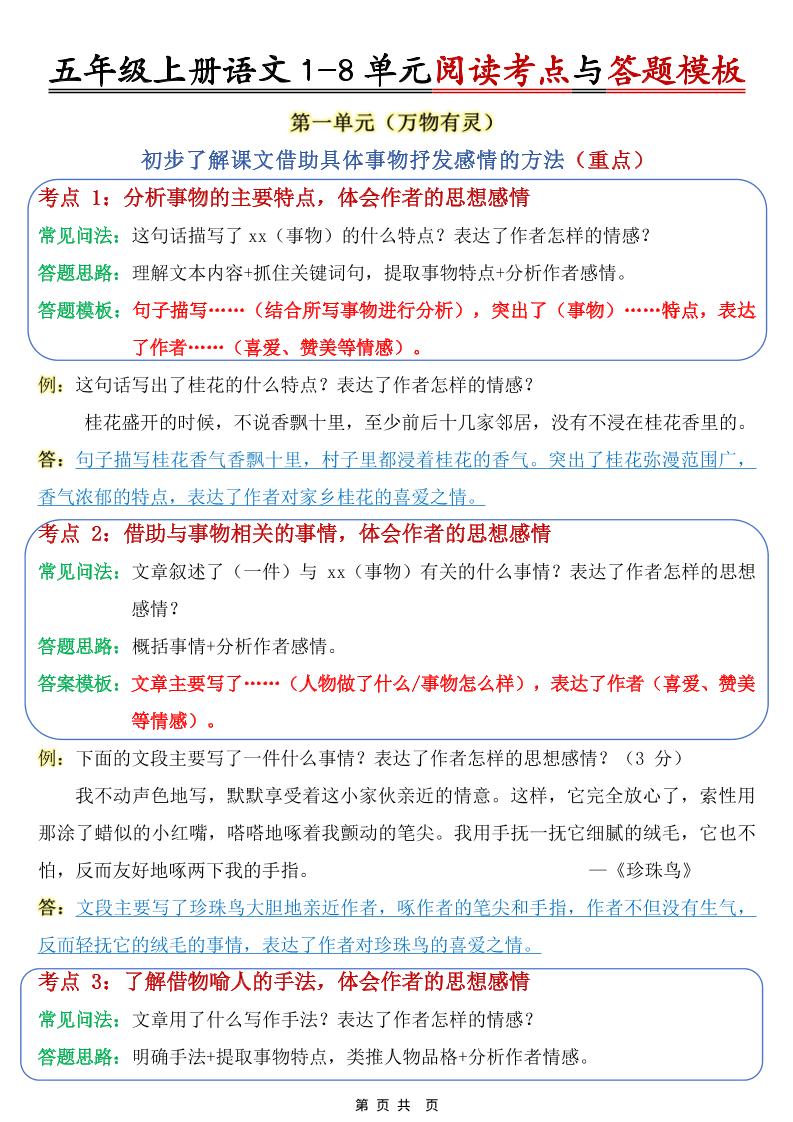 五上语文1-8单元阅读考点与答题模板-自学网资源