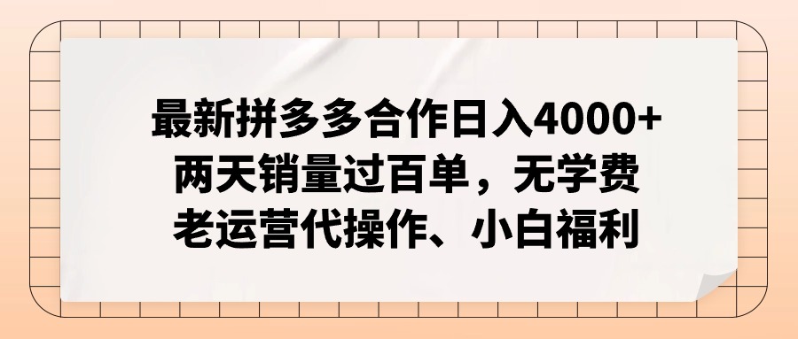拼多多最新合作日入4000+两天销量过百单，无学费、老运营代操作、小白福利-AI网创