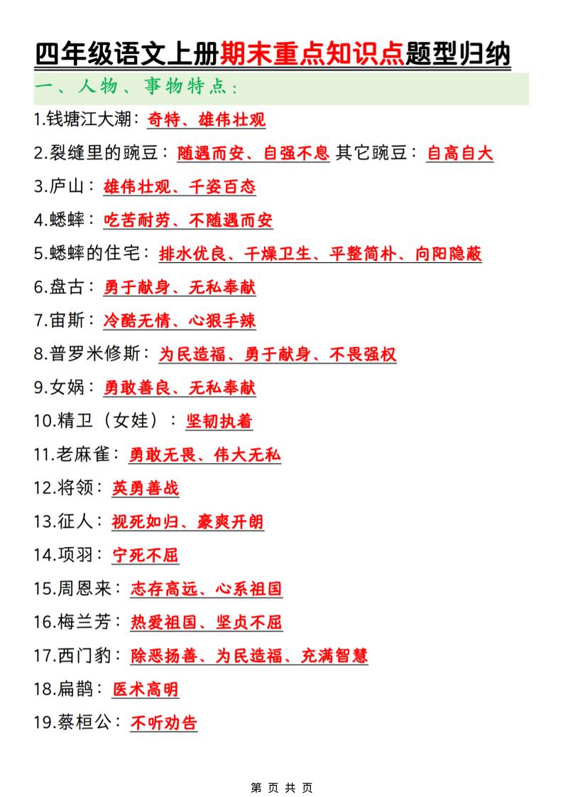 四年级上语文期末重点知识点题型归纳-自学网资源