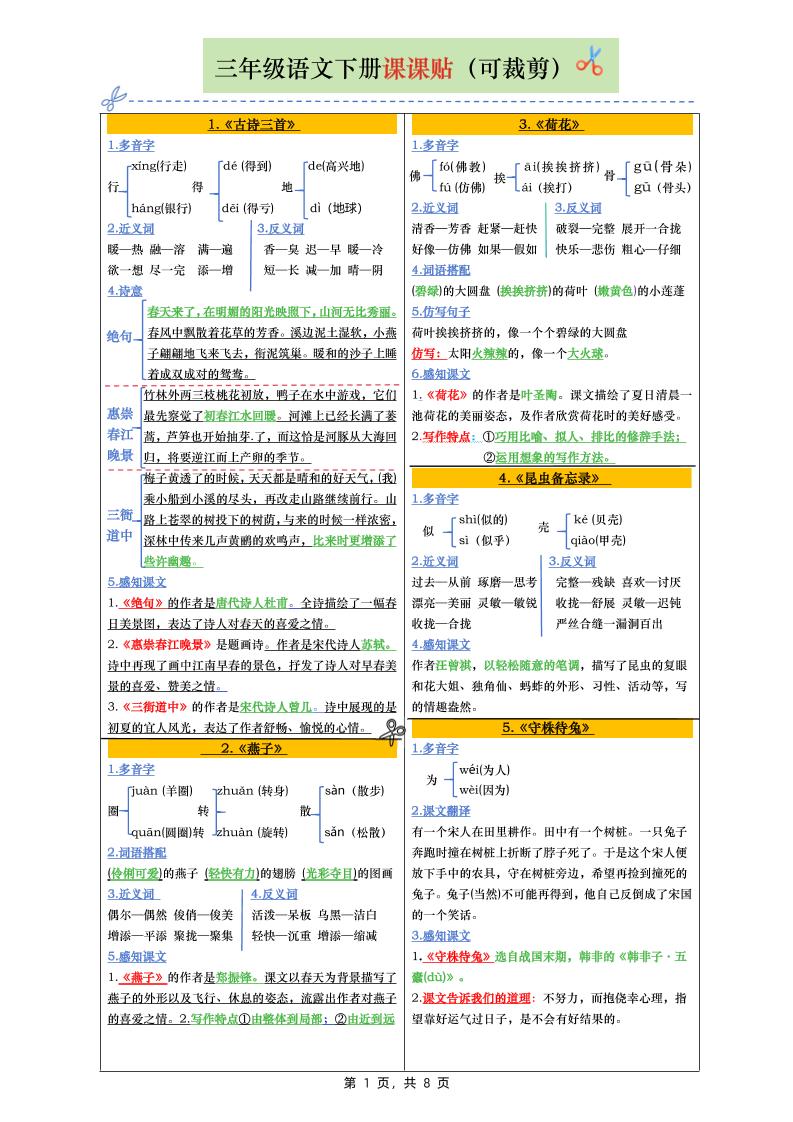 三下语文全册彩色版课课贴（1-28课）8页-自学网资源