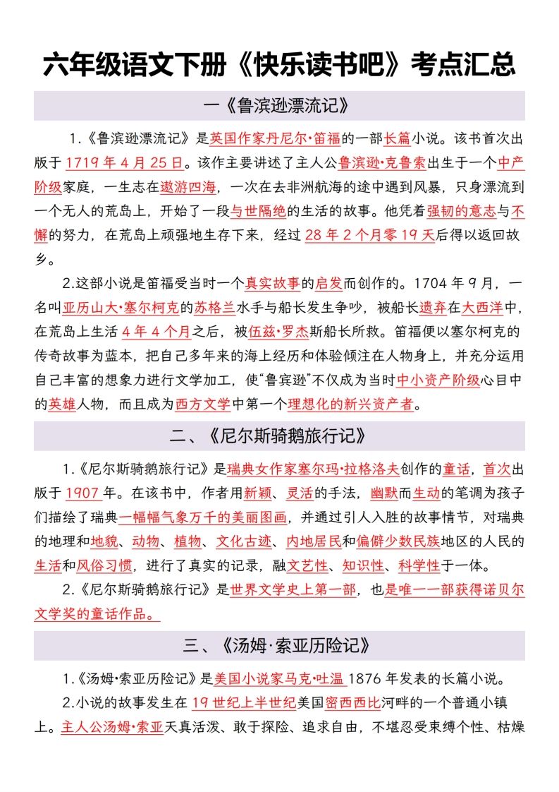 六年级语文下册考点汇总-自学网资源