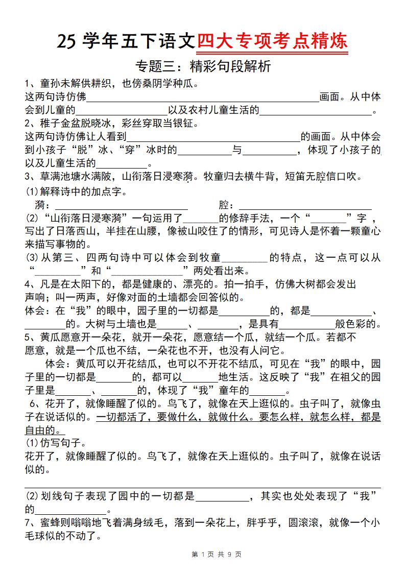 25学年五下语文四大专项考点精炼（专题三：精彩句段解析）-自学网资源