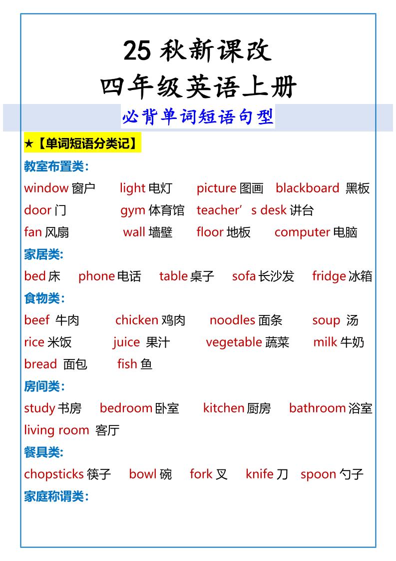 【2025秋新版】四年级英语上册必背单词短语句型-自学网资源