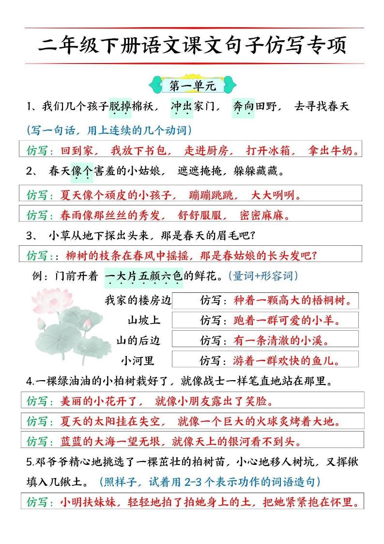 二下语文【必考仿写句子】读背版-自学网资源