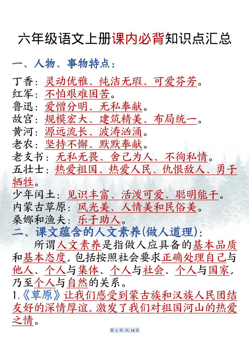 六上语文课内必背知识点汇总（共14页）-自学网资源