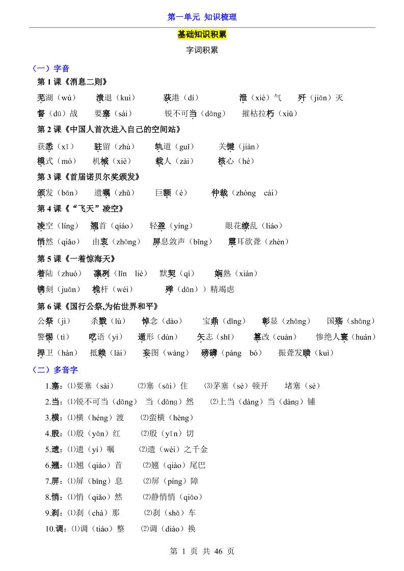 八年级上语文第1单元（知识梳理）-知识点-自学网资源