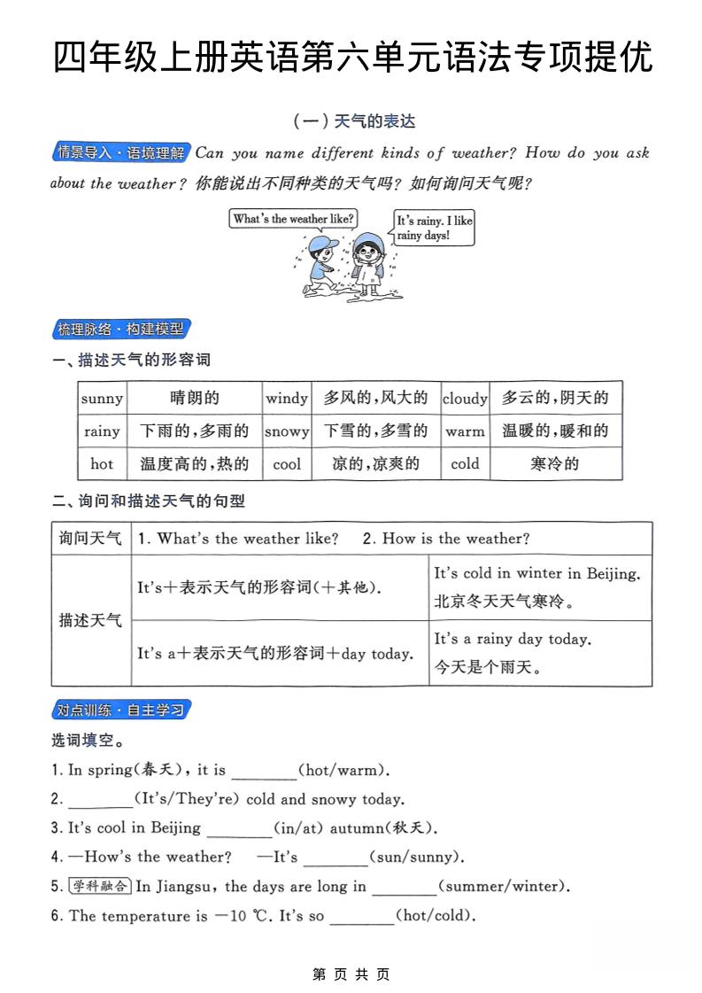 四年级上英语第六单元语法专项提优《译林版》-自学网资源