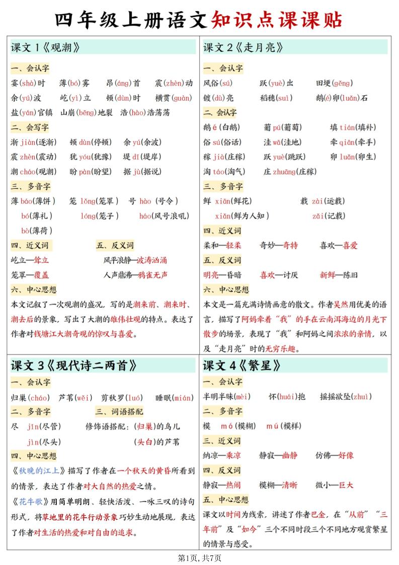 四上语文知识点课课贴7页-自学网资源
