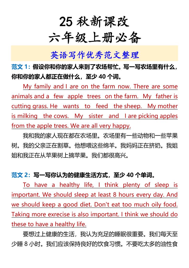 【2025秋新版】六年级上册必备英语写作优秀范文整理-自学网资源
