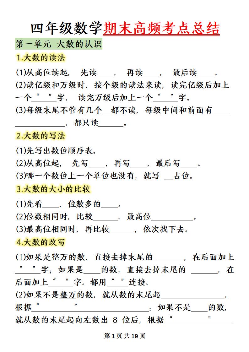 四上数学（人教版）必背知识点总结填空-自学网资源