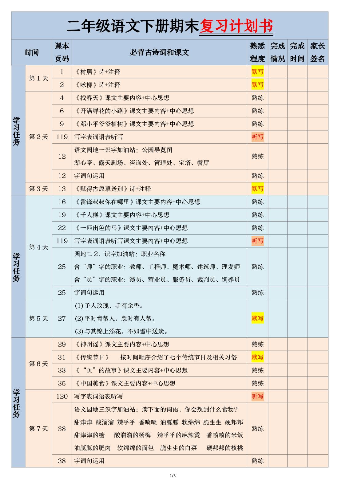 二下语文【期末三轮复习法闯关表】（3页）-自学网资源