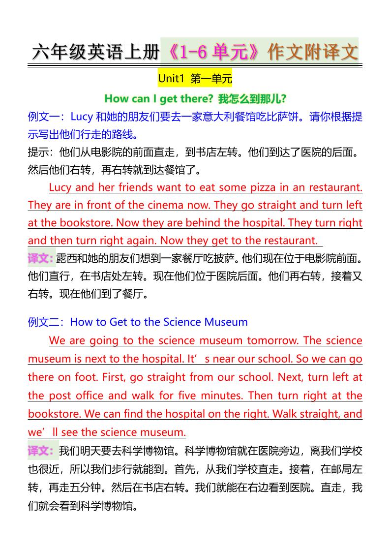 六年级英语上册《1-6单元》作文附译文-自学网资源