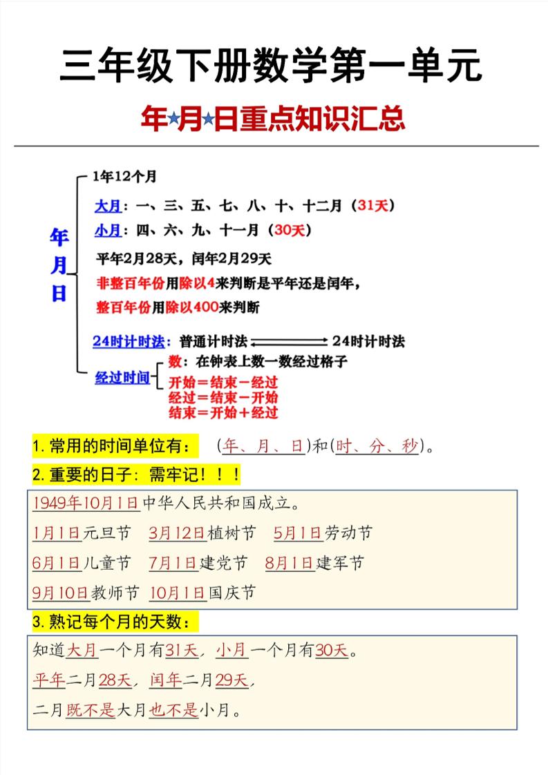 三年级下数学第6单元年月日重点知识汇总-自学网资源