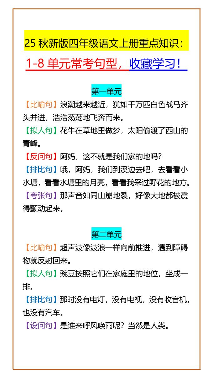 【2025秋新版】四年级语文上册重点知识：1-8单元常考句型，收藏学习！-自学网资源