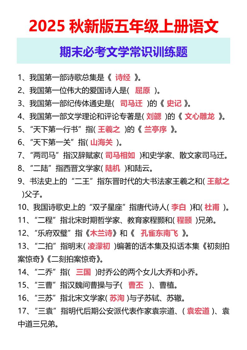 【2025秋新版】五年级上册语文期末必考文学常识训练题-自学网资源