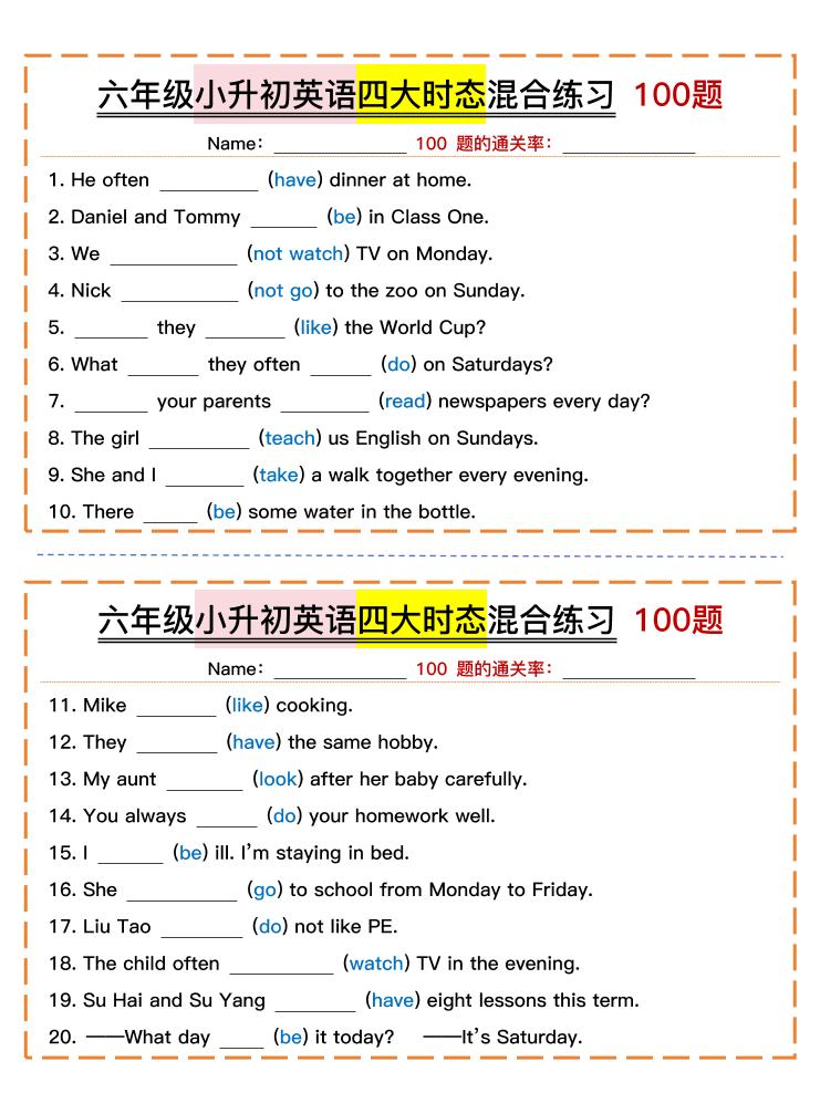 六年级小升初英语四大时态混合练习-自学网资源
