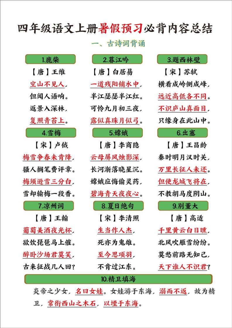 四年级语文上册暑假预习必背内容总结-自学网资源