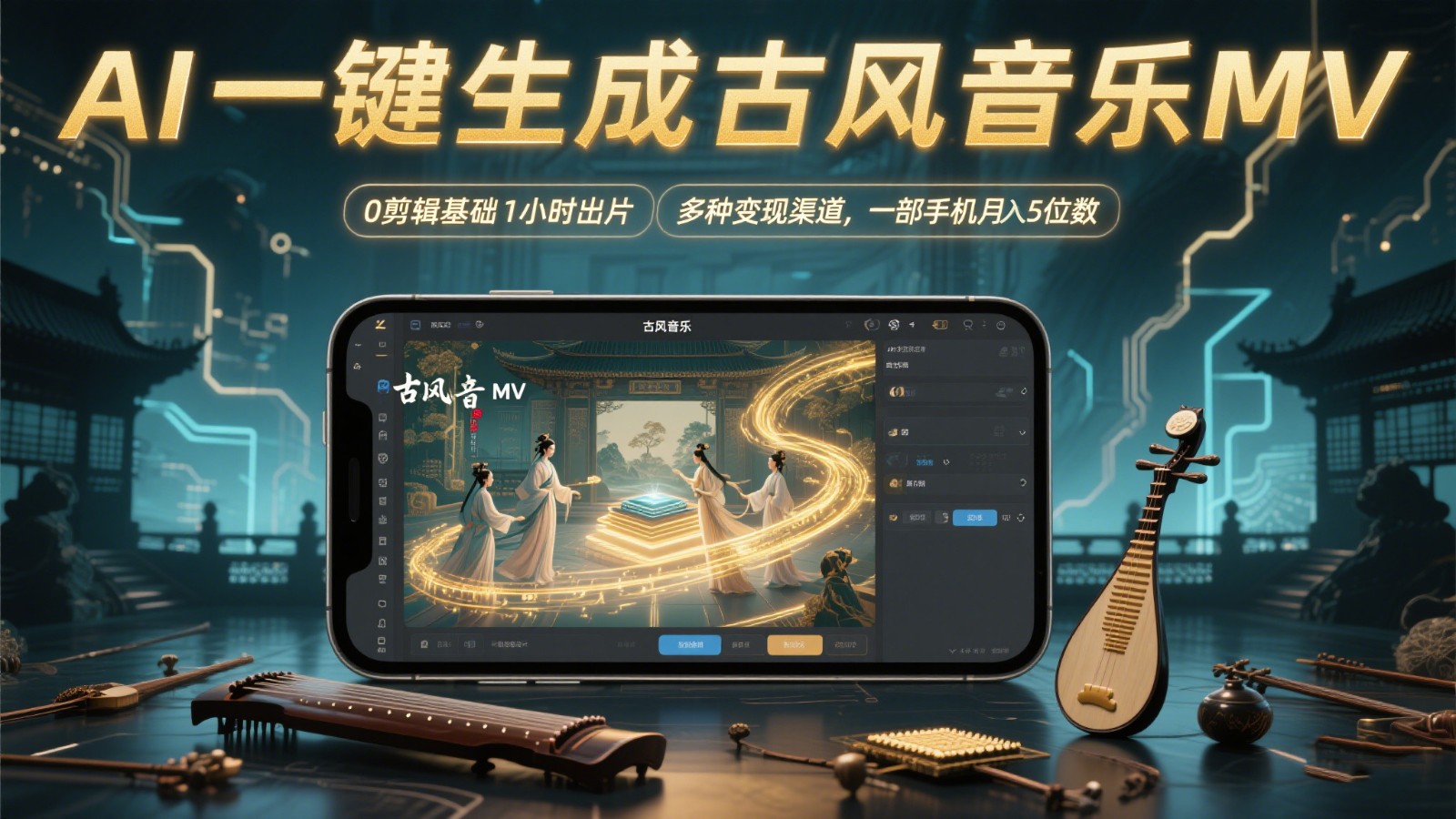 AI一键生成古风音乐MV，0剪辑基础1小时出片，多种变现渠道，一部手机月入5位数-AI网创