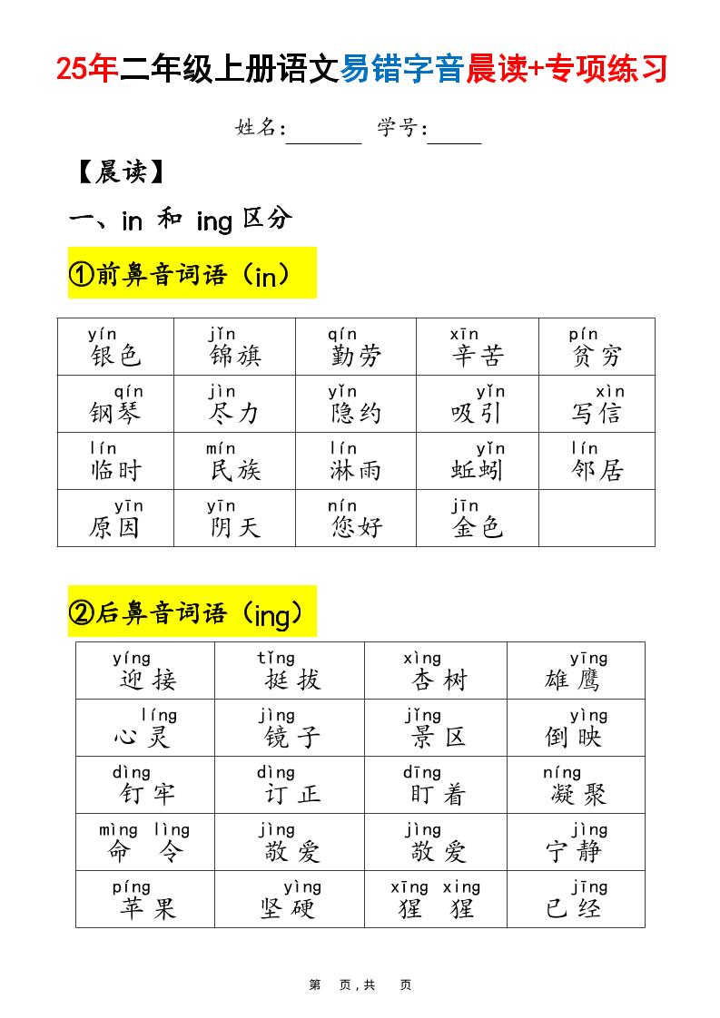 25年二上语文易错字音（晨读+专项练习）含答案28页-自学网资源