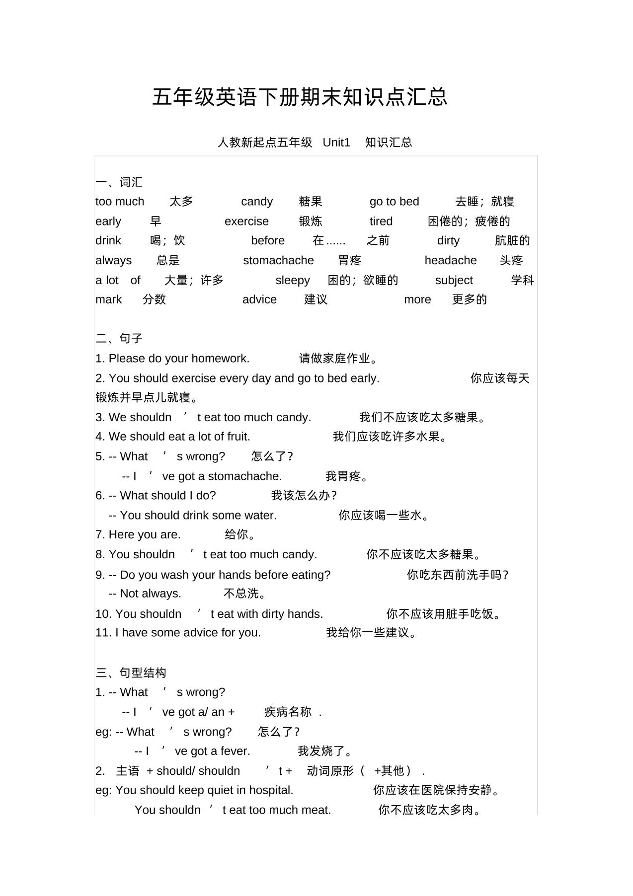 五年级英语下册期末知识清单汇总(人教新起点)-自学网资源